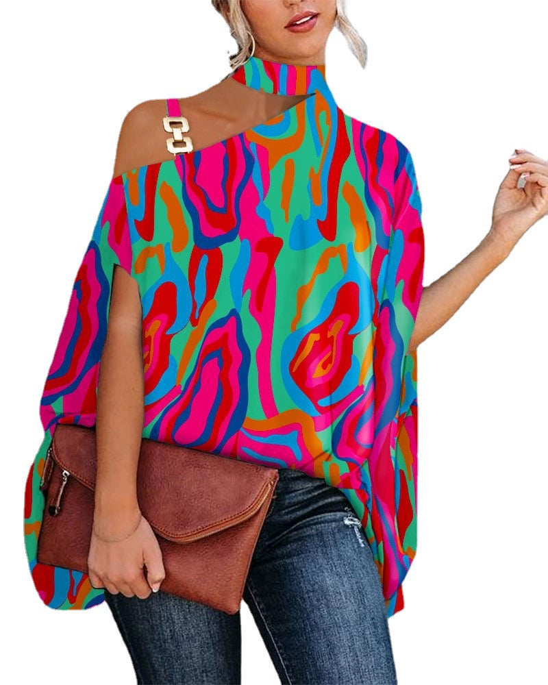 Summer Loose Shoulder Print Tops Halterneck