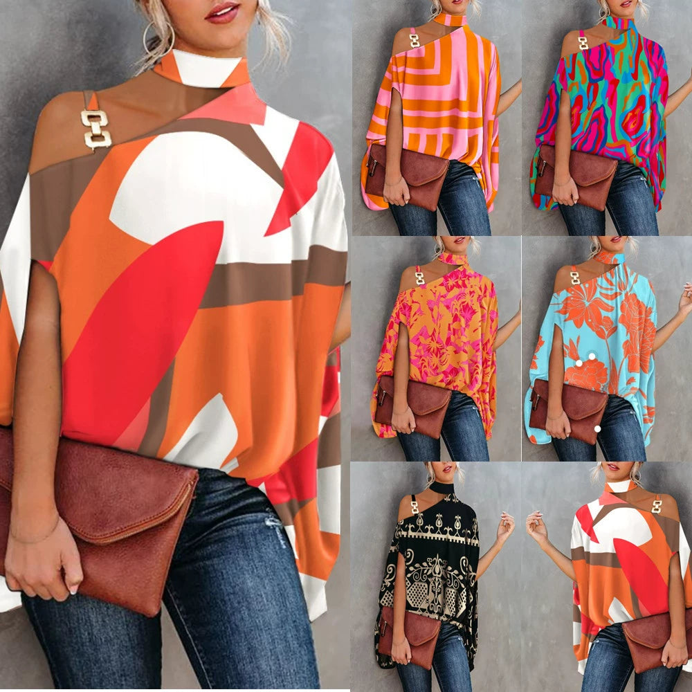 Summer Loose Shoulder Print Tops Halterneck
