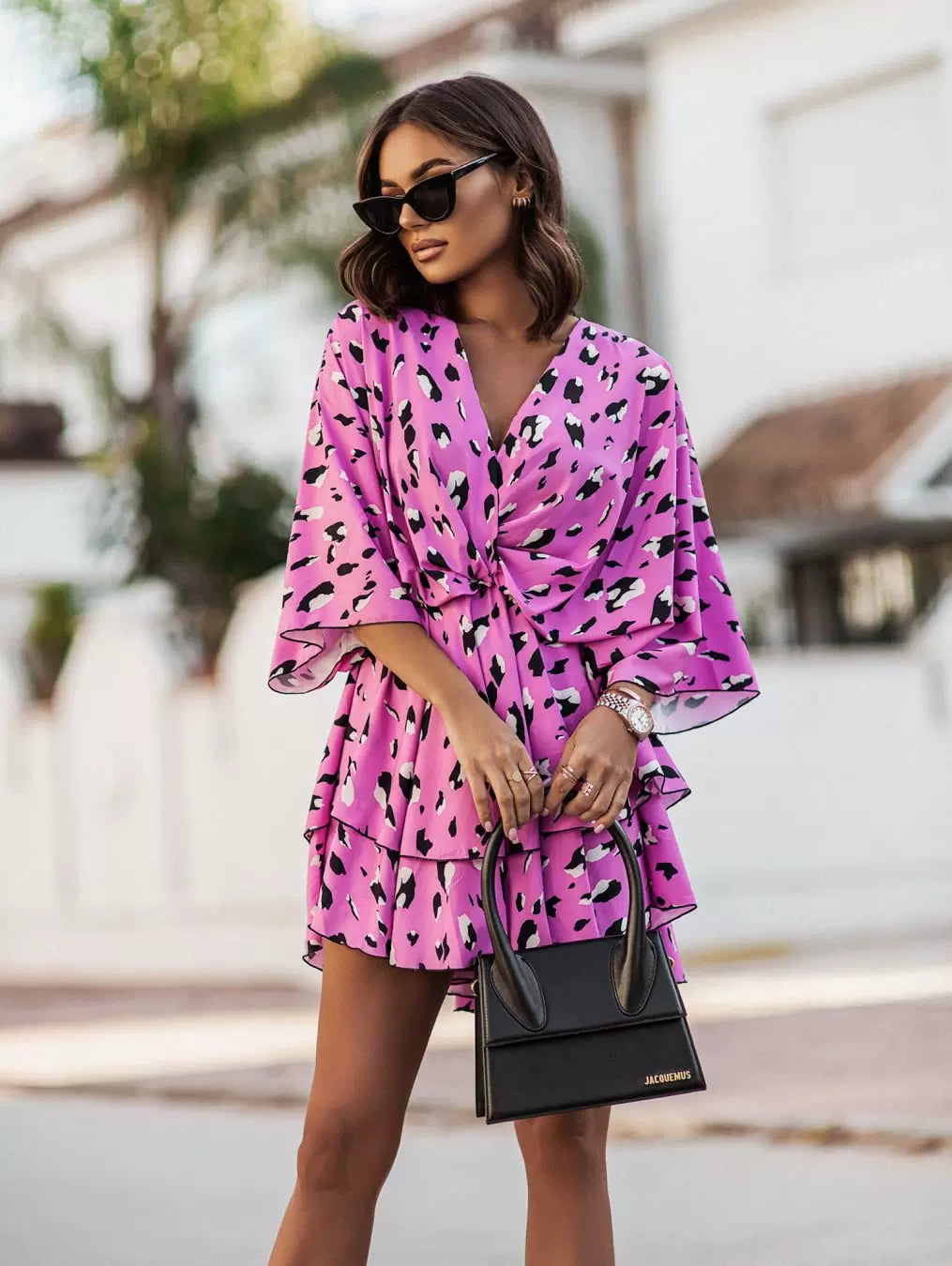 Fashion Summer New V Neck Big Flower Print Elastic High Waist Slimming Western Style Pleated Short Sleeves Dress Female Dress