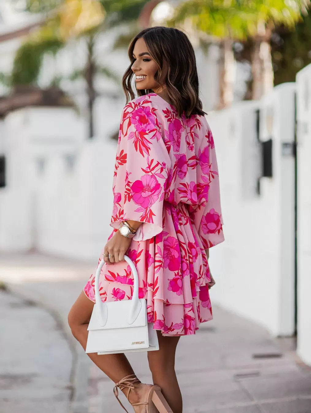 Fashion Summer New V Neck Big Flower Print Elastic High Waist Slimming Western Style Pleated Short Sleeves Dress Female Dress