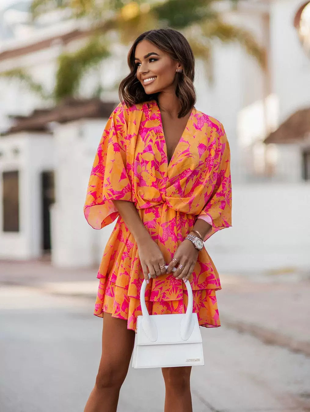 Fashion Summer New V Neck Big Flower Print Elastic High Waist Slimming Western Style Pleated Short Sleeves Dress Female Dress
