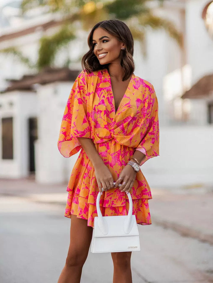 Fashion Summer New V Neck Big Flower Print Elastic High Waist Slimming Western Style Pleated Short Sleeves Dress Female Dress