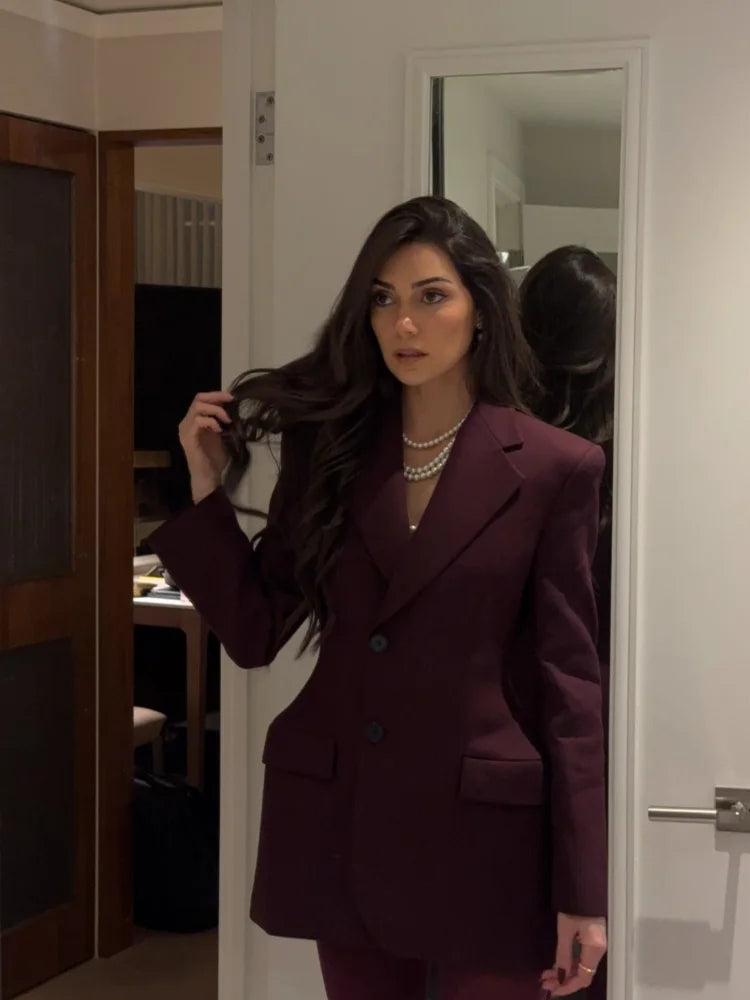 Elegant Burgundy Short Suit Women Fahion Long Sleeves Pocket Coat 2025 New Office Commuting Jacket