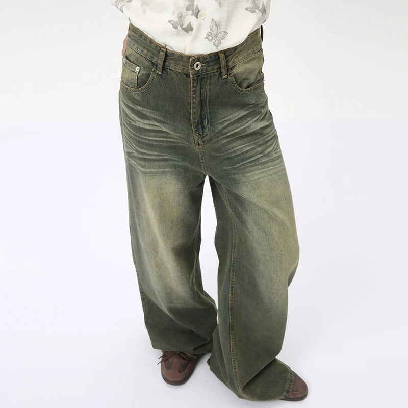 Men's Straight Denim Pants American Style Casual Worn-out Design