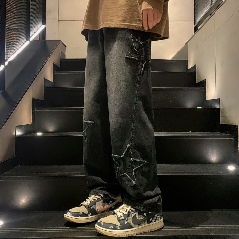 New Star Embroidery CasualJeans Men's Gothic Straight Wide Legs Pants Hip-hop Fashion