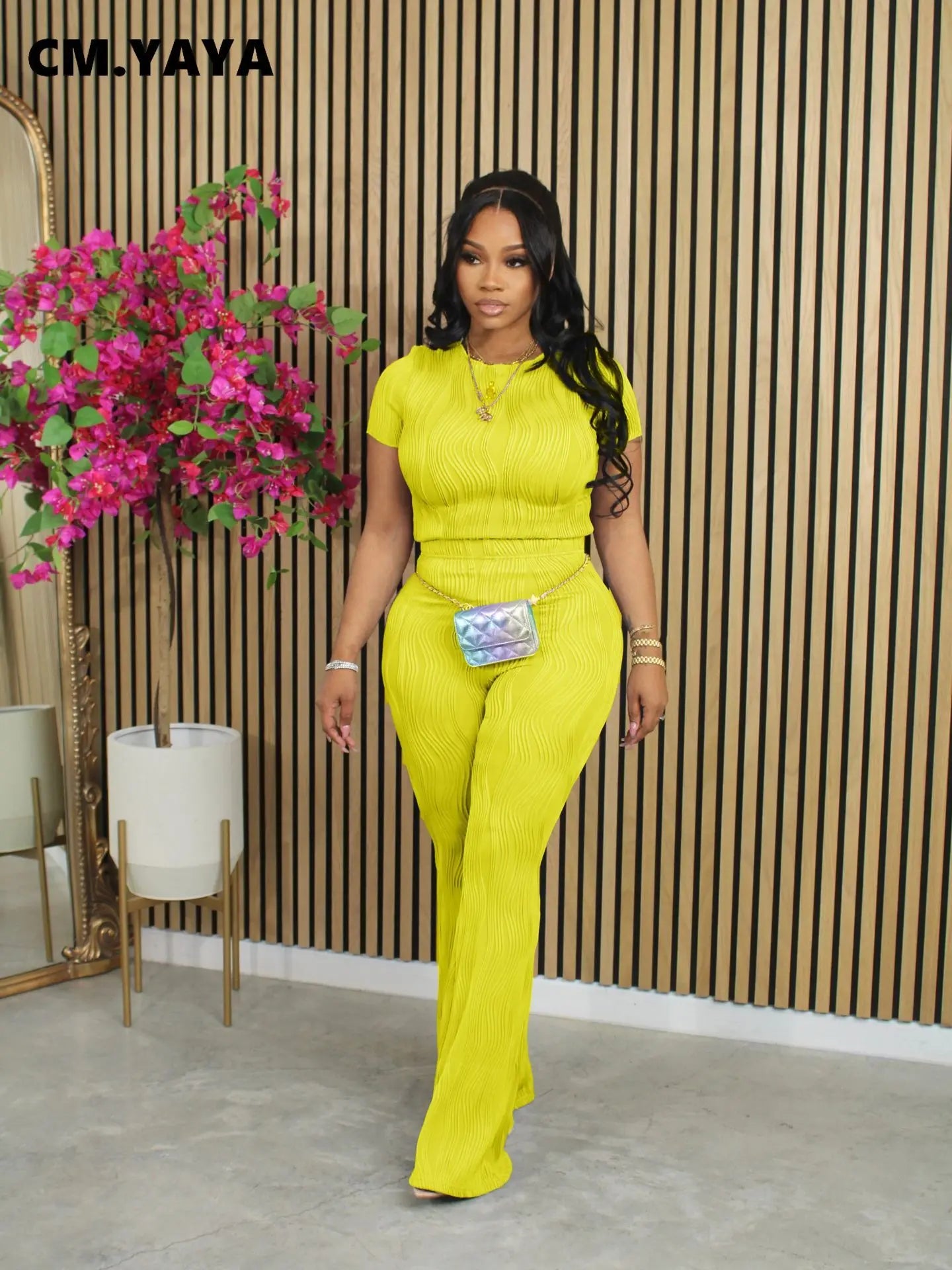 CM.YAYA Women's Set Knitted Ribbon O-neck Short Sleeve T-shirt and Pants Suits Street Sweatsuit Two 2 Piece Set Outfit Tracksuit