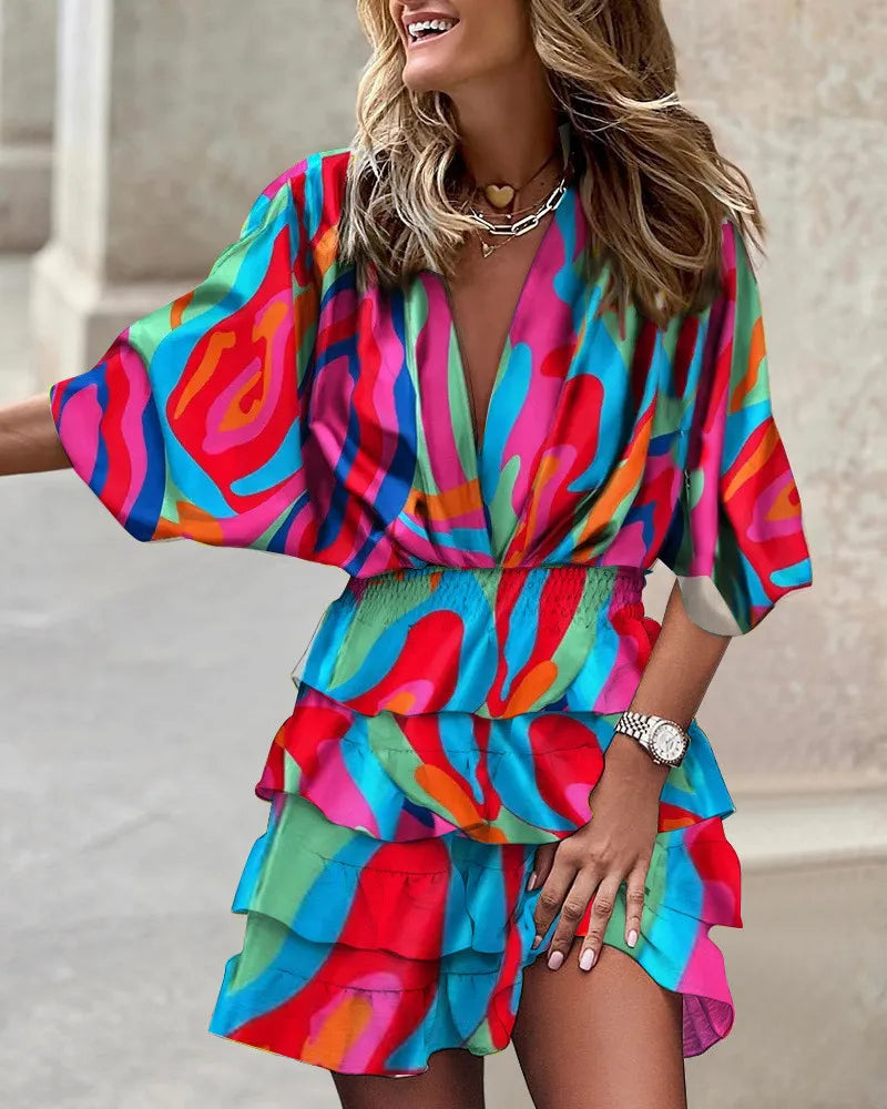 Autumn Dress for Women Batwing Sleeve V-neck irregular hem Beach Sundress leaf Print Casual A Line Mini Dress