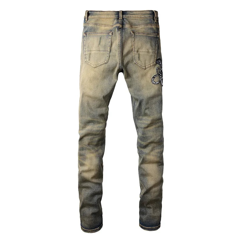 Denim Jeans Vintage Blue Snakeskin Leather Patch Stretch Pants Skinny Tapered Trousers