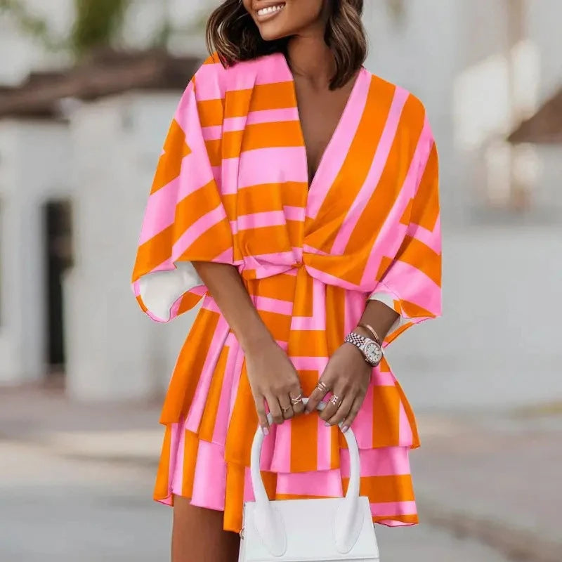 Female Ruffle Beach Party Dress Vestidos Women Sexy V Neck Mini Dresses Summer