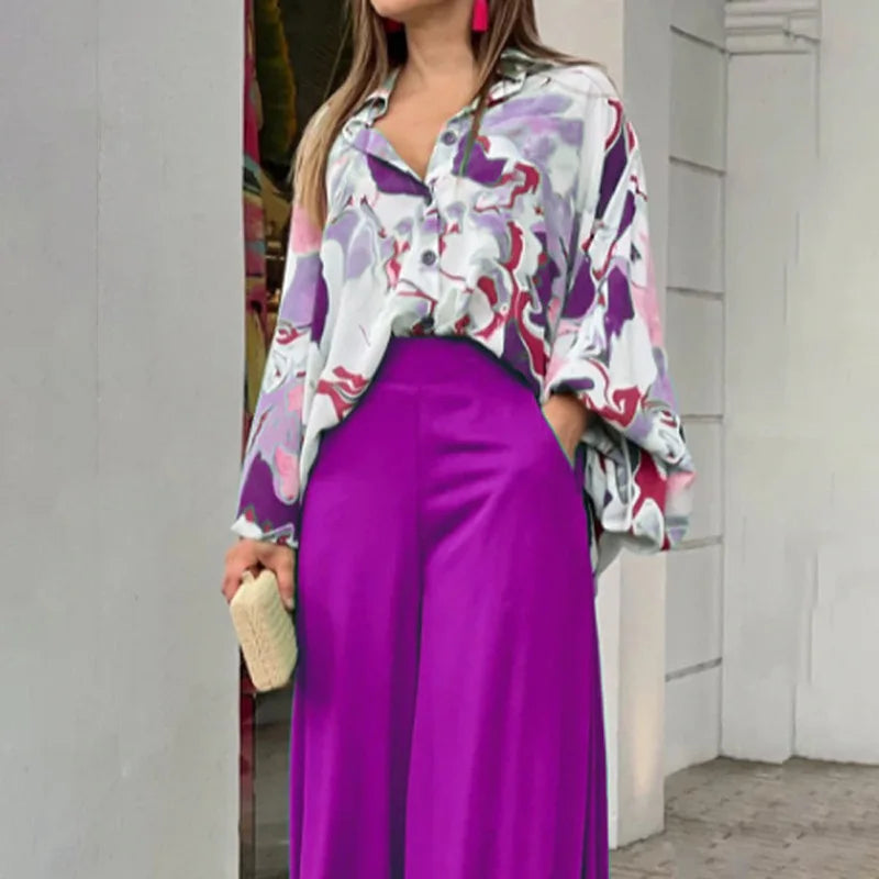 2025 Autumn Women's Set Long Sleeve Shirt Tops and Wide Leg Pants Elegant Tracksuit Two Piece Set Outfits
