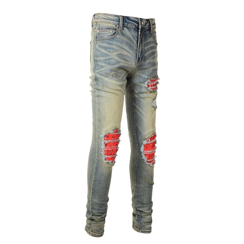 Men Cracked Patch Stretch Denim Jeans Streetwear