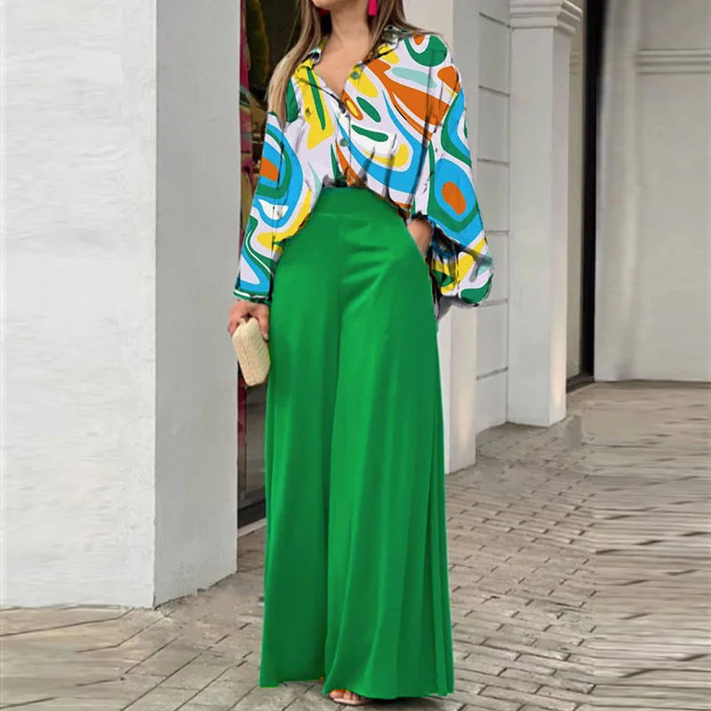 2025 Autumn Women's Set Long Sleeve Shirt Tops and Wide Leg Pants Elegant Tracksuit Two Piece Set Outfits
