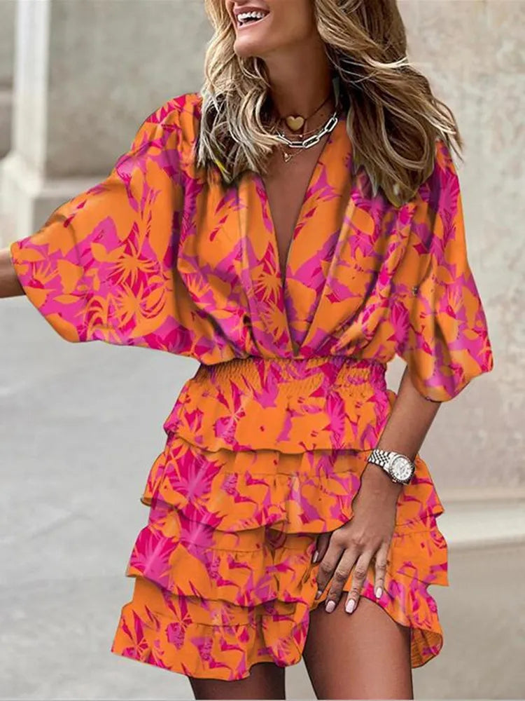 Autumn Dress for Women Batwing Sleeve V-neck irregular hem Beach Sundress leaf Print Casual A Line Mini Dress