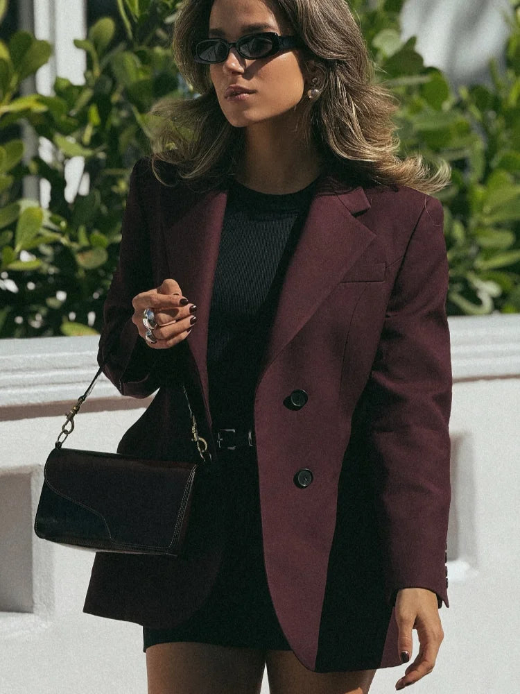 Elegant Burgundy Short Suit Women Fahion Long Sleeves Pocket Coat 2025 New Office Commuting Jacket