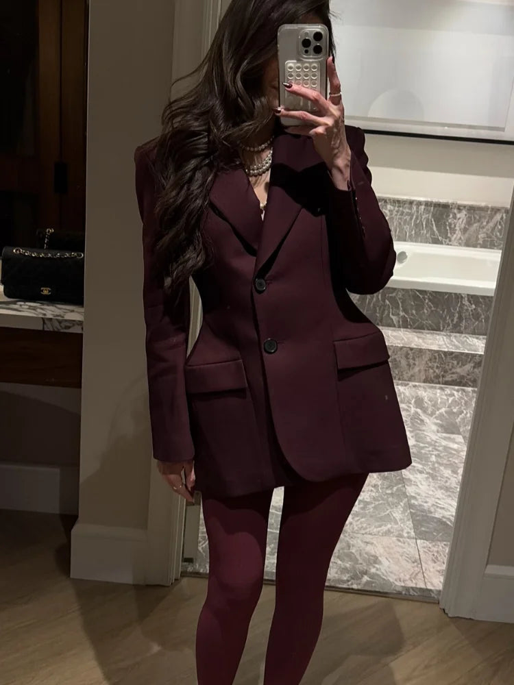 Elegant Burgundy Short Suit Women Fahion Long Sleeves Pocket Coat 2025 New Office Commuting Jacket