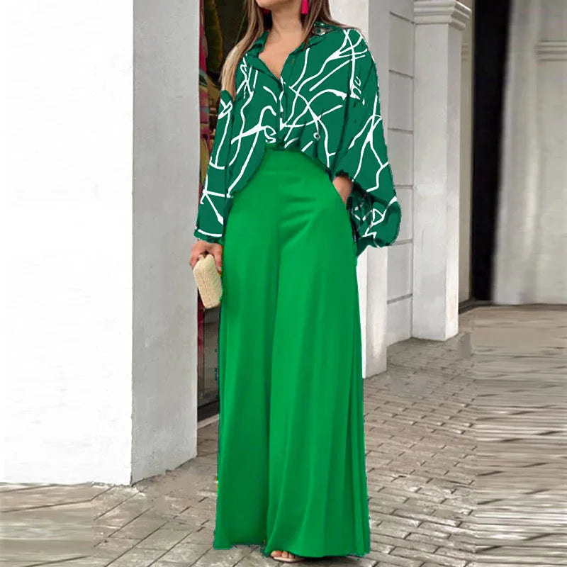 2025 Autumn Women's Set Long Sleeve Shirt Tops and Wide Leg Pants Elegant Tracksuit Two Piece Set Outfits