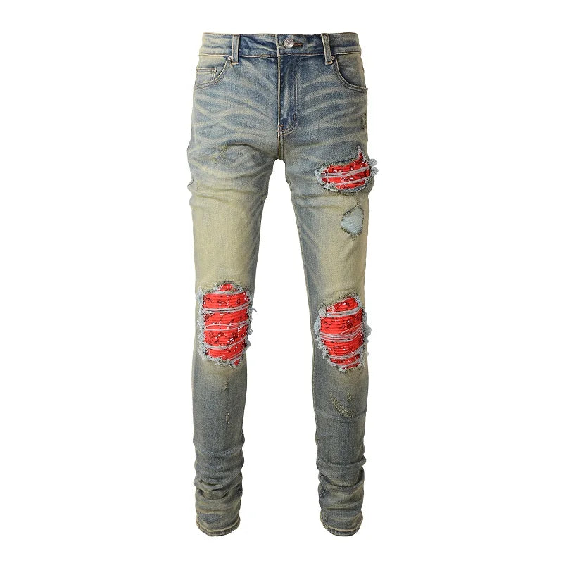 Men Cracked Patch Stretch Denim Jeans Streetwear