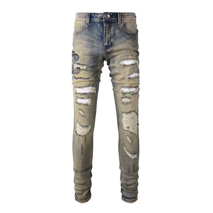 Denim Jeans Vintage Blue Snakeskin Leather Patch Stretch Pants Skinny Tapered Trousers