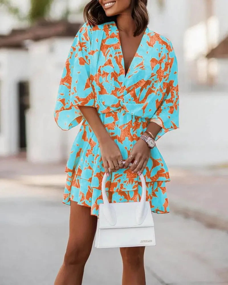 Female Ruffle Beach Party Dress Vestidos Women Sexy V Neck Mini Dresses Summer