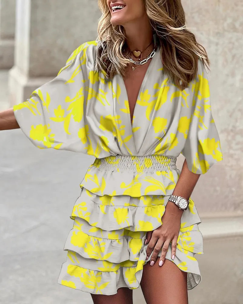 Autumn Dress for Women Batwing Sleeve V-neck irregular hem Beach Sundress leaf Print Casual A Line Mini Dress