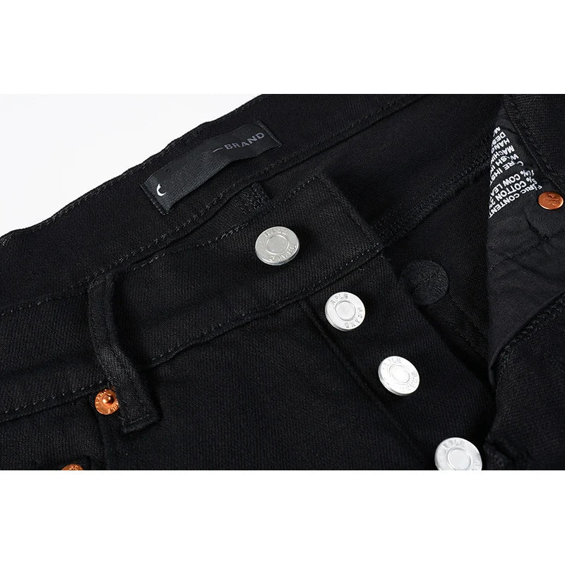 American Fashion High Street Style Skinny Black Distressed Button Fly Blank Slim Fit Ripped Jeans