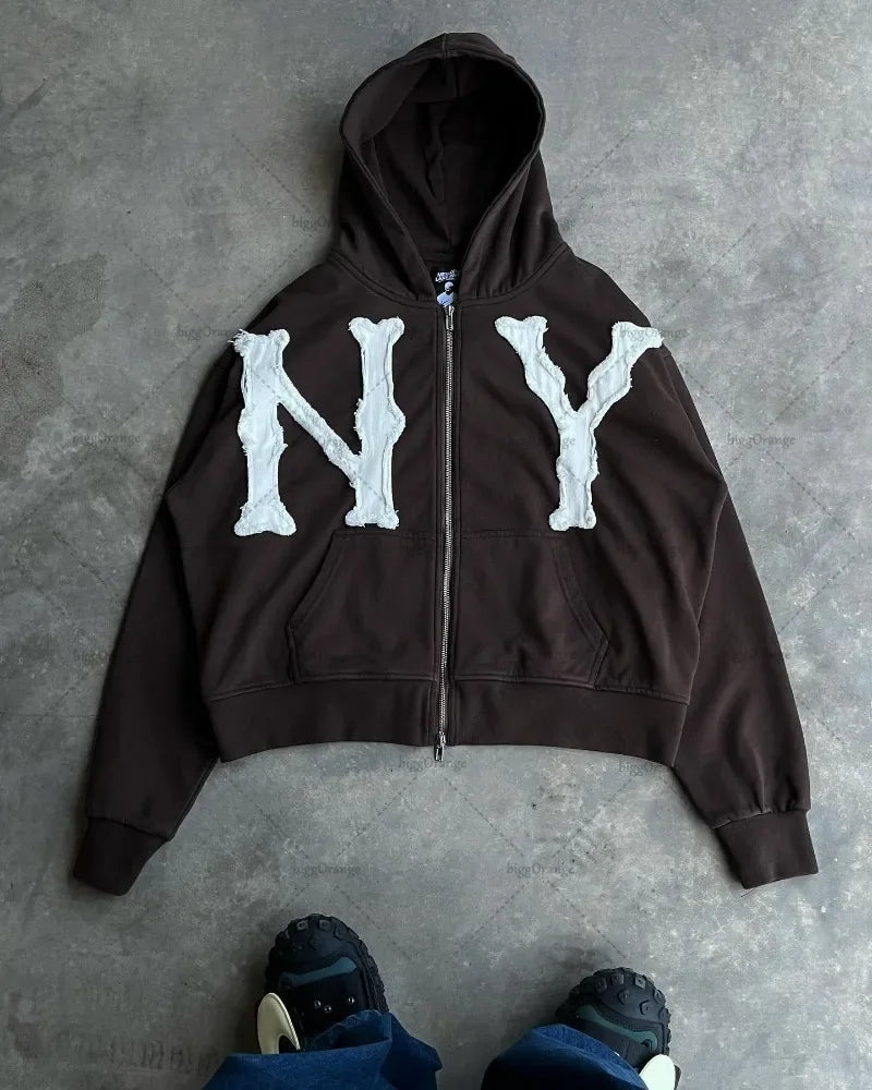 European and American Fashion Zipper Sweatshirt Men Y2k Trendy Letter Embroidery Oversized Hoodie Street Hip-hop Clothing Women