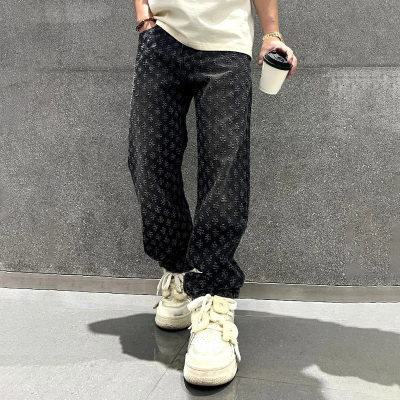 Jacquard Pattern Denim Pants Men Straight Fitting Jeans For Men