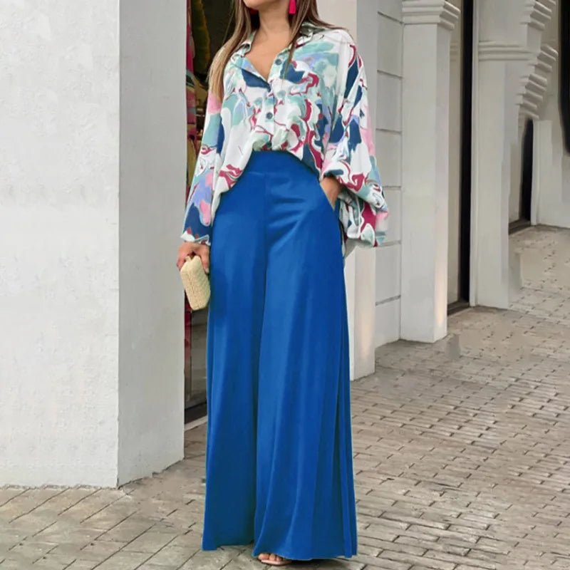 2025 Autumn Women's Set Long Sleeve Shirt Tops and Wide Leg Pants Elegant Tracksuit Two Piece Set Outfits