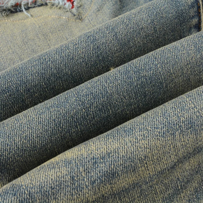 Men Cracked Patch Stretch Denim Jeans Streetwear