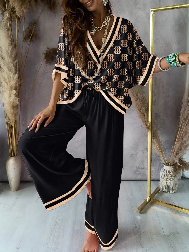 Sexy V Neck Midi Sleeve Shirt Pants Set Spring Summer Fashion For Women Outfit 2024m5