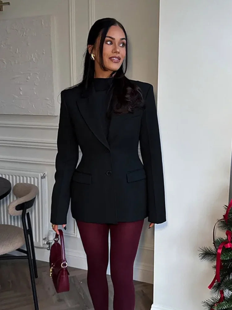 Elegant Burgundy Short Suit Women Fahion Long Sleeves Pocket Coat 2025 New Office Commuting Jacket