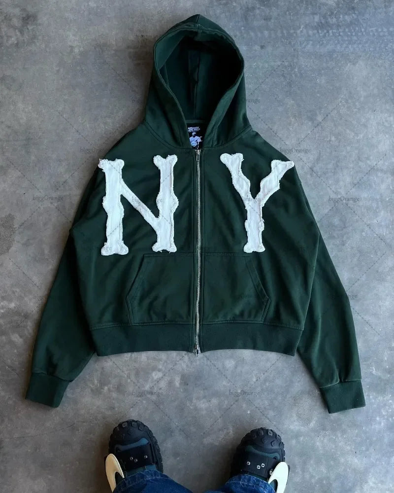 European and American Fashion Zipper Sweatshirt Men Y2k Trendy Letter Embroidery Oversized Hoodie Street Hip-hop Clothing Women