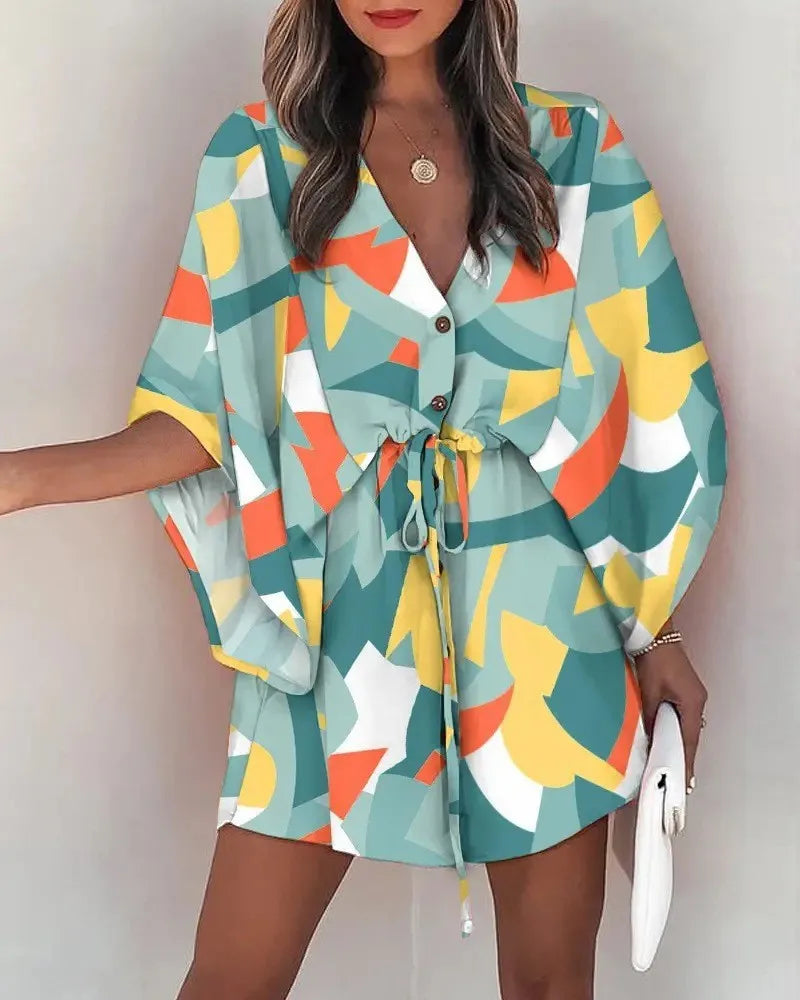 Summer Casual Dress Women Fashion Flying Sleeve V-neck Print Beach Party Dresses Elegant Lace Up Mini Dress Robe Femme