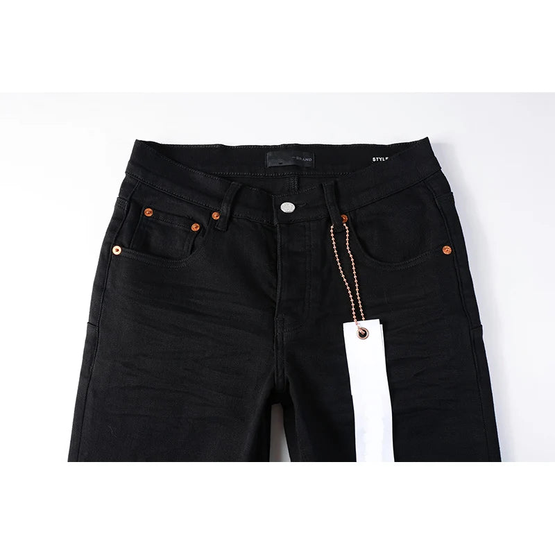 American Fashion High Street Style Skinny Black Distressed Button Fly Blank Slim Fit Ripped Jeans