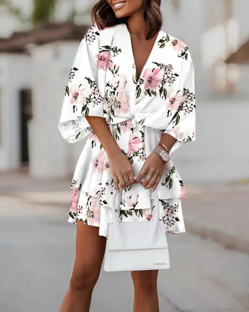 Female Ruffle Beach Party Dress Vestidos Women Sexy V Neck Mini Dresses Summer