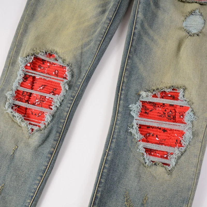 Men Cracked Patch Stretch Denim Jeans Streetwear