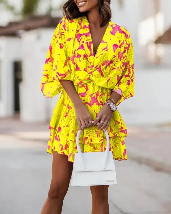 Female Ruffle Beach Party Dress Vestidos Women Sexy V Neck Mini Dresses Summer
