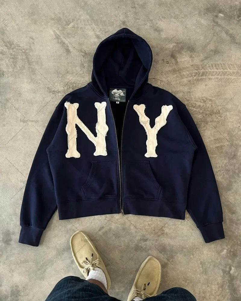 European and American Fashion Zipper Sweatshirt Men Y2k Trendy Letter Embroidery Oversized Hoodie Street Hip-hop Clothing Women