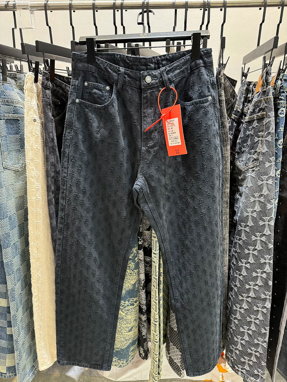 Jacquard Pattern Denim Pants Men Straight Fitting Jeans For Men