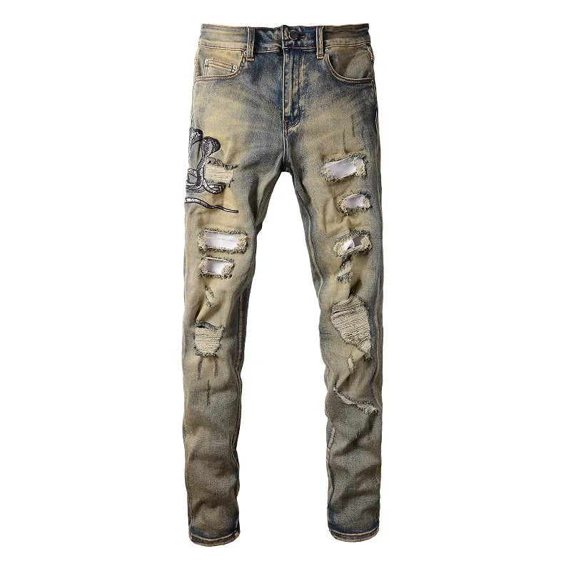 Denim Jeans Vintage Blue Snakeskin Leather Patch Stretch Pants Skinny Tapered Trousers