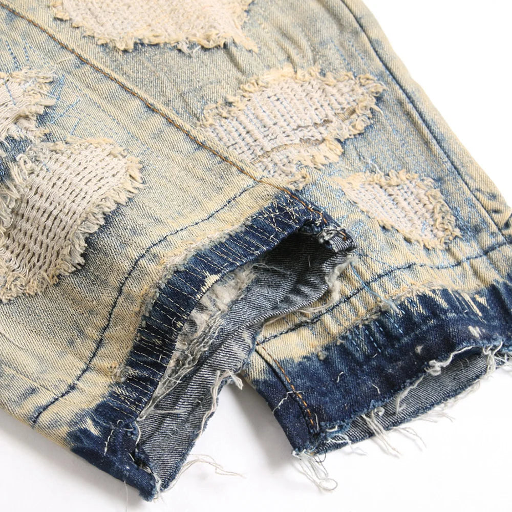 Denim Jeans Vintage Blue Distressed Patches Pants Slim Straight Trousers