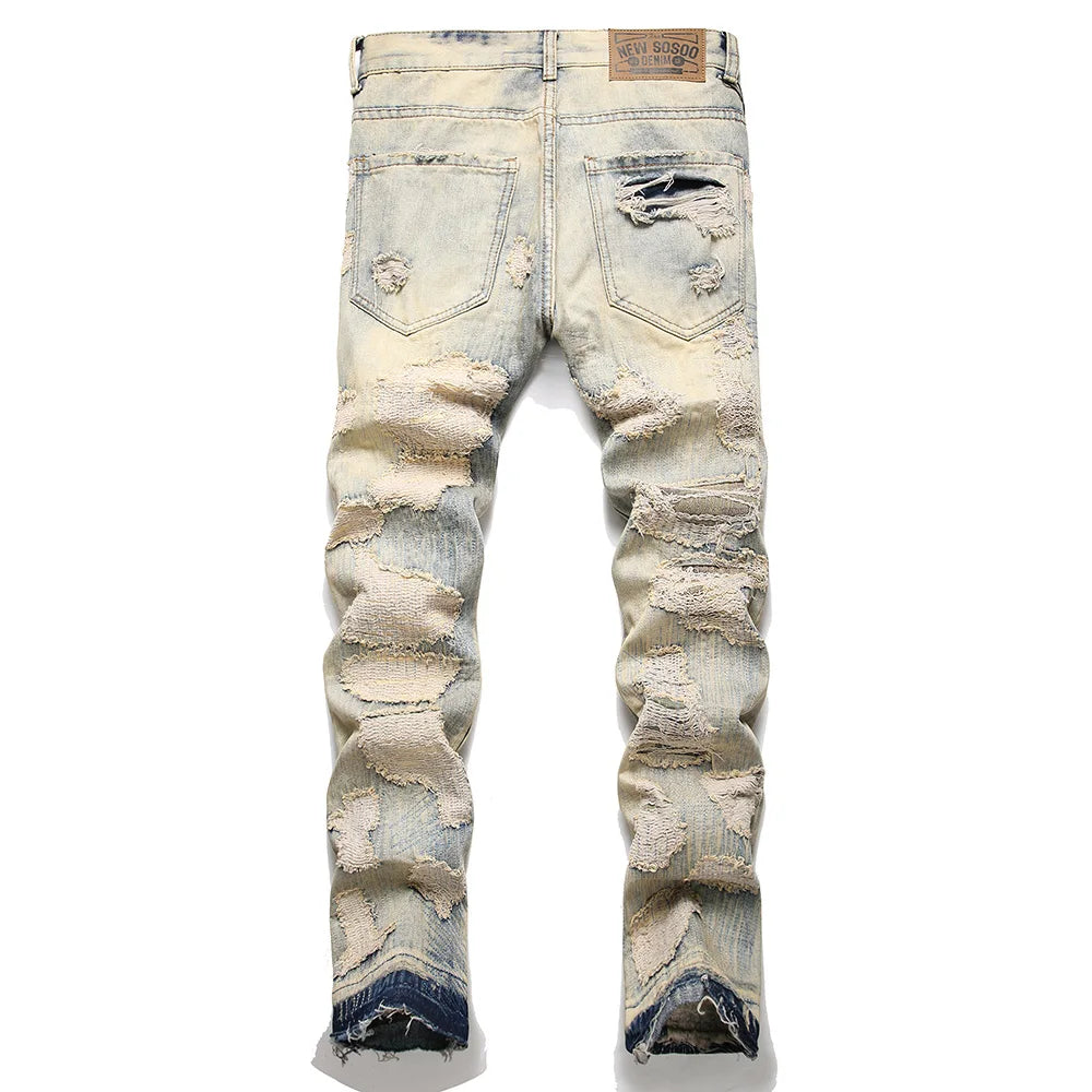 Denim Jeans Vintage Blue Distressed Patches Pants Slim Straight Trousers