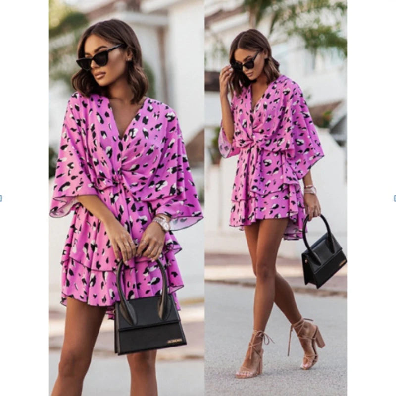 Female Ruffle Beach Party Dress Vestidos Women Sexy V Neck Mini Dresses Summer