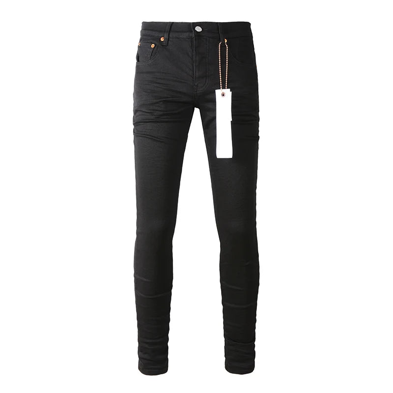 American Fashion High Street Style Skinny Black Distressed Button Fly Blank Slim Fit Ripped Jeans