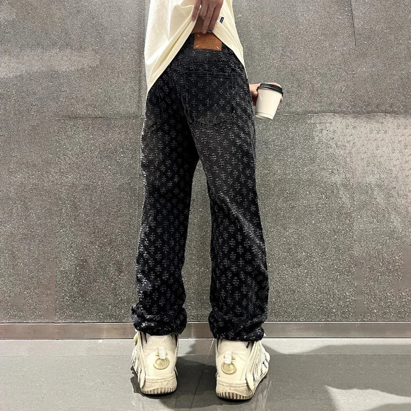 Jacquard Pattern Denim Pants Men Straight Fitting Jeans For Men