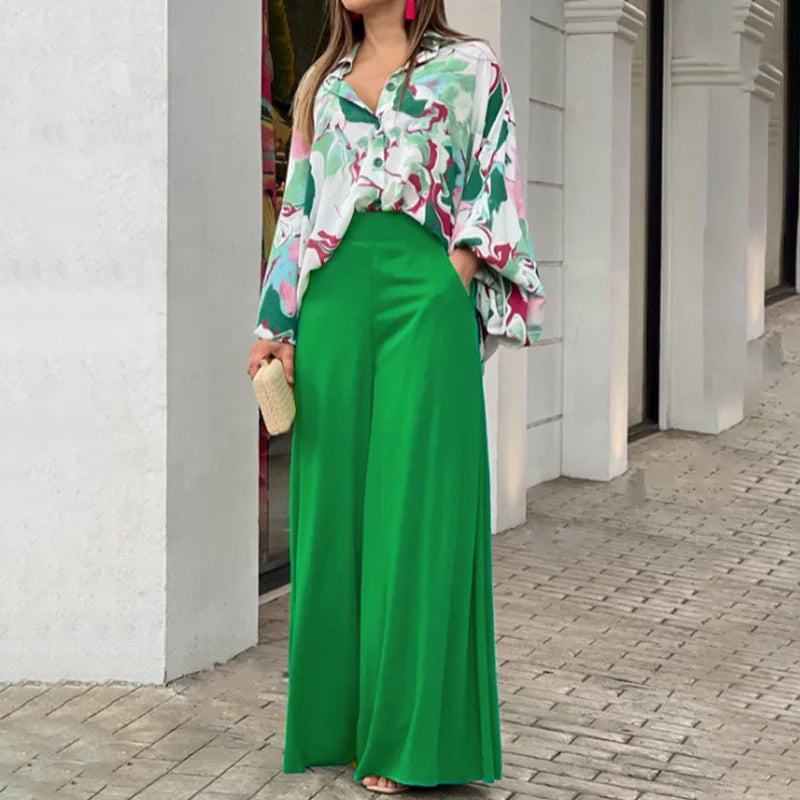 2025 Autumn Women's Set Long Sleeve Shirt Tops and Wide Leg Pants Elegant Tracksuit Two Piece Set Outfits
