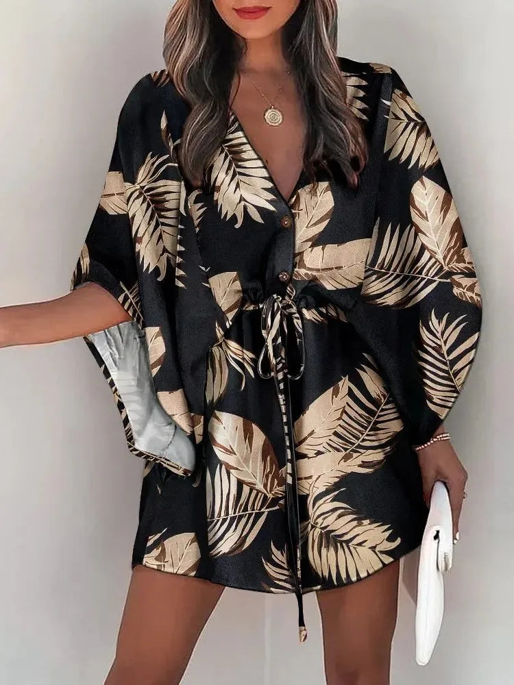 Summer Casual Dress Women Fashion Flying Sleeve V-neck Print Beach Party Dresses Elegant Lace Up Mini Dress Robe Femme