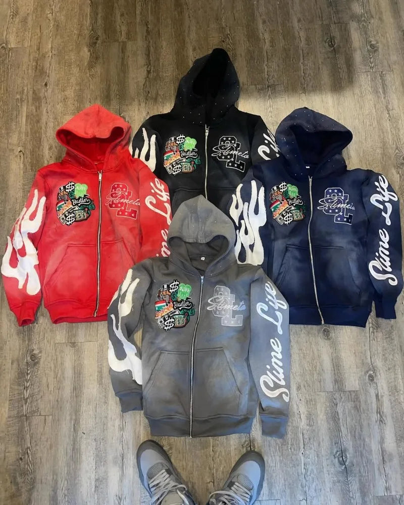 Oversized Zipper Hoodie Men Y2k Gothic Retro Letter Flame Embroidered Sweatshirt Jacket Men and Women