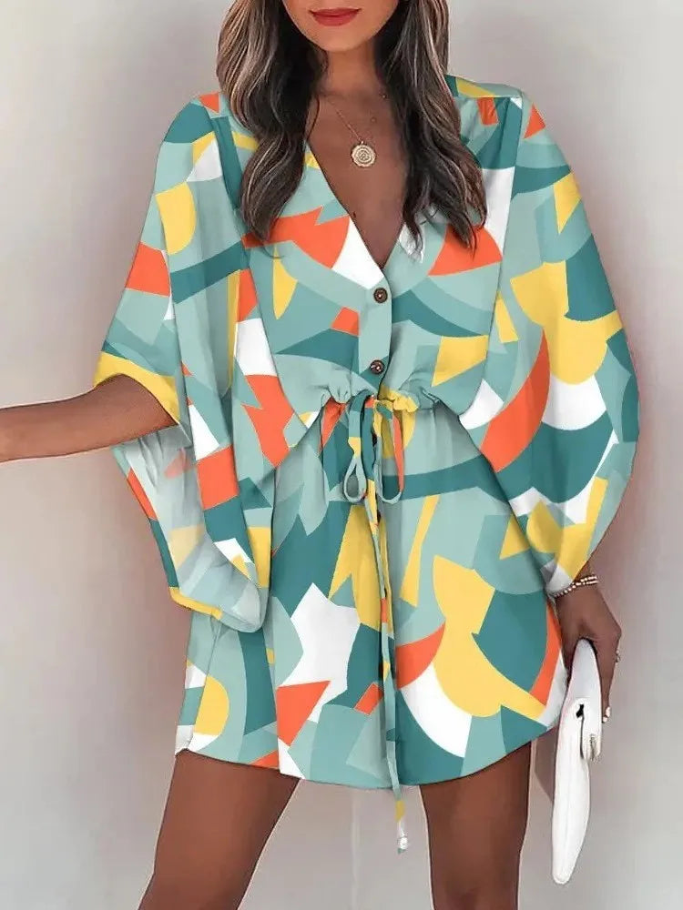 Summer Casual Dress Women Fashion Flying Sleeve V-neck Print Beach Party Dresses Elegant Lace Up Mini Dress Robe Femme