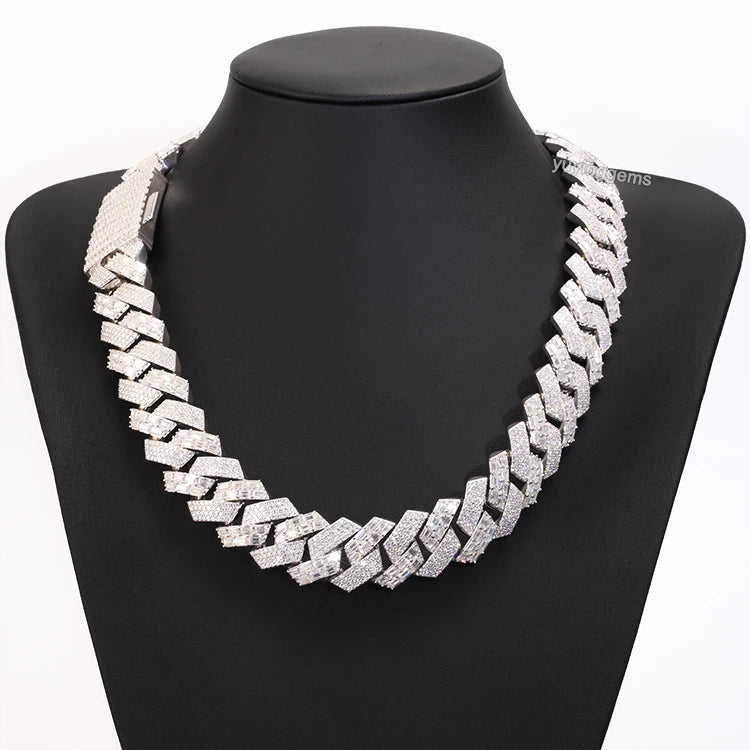 Classic 22mm Wide Baguette Diamond Bracelet S925 Silver Moissanite Jewelry Luxury Cuban Chain Hip Hop Necklace